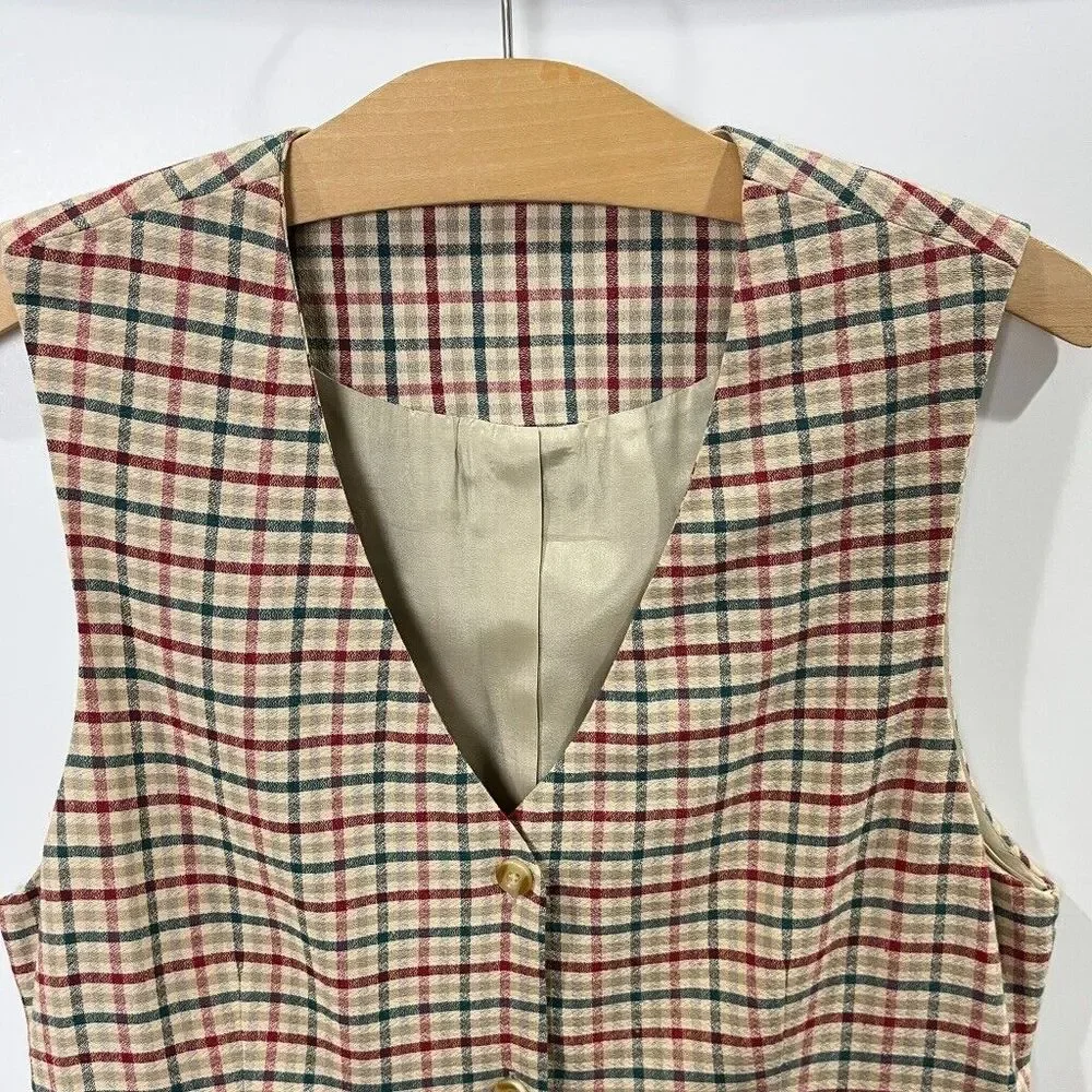 Vintage Plaid Vest Dress Button Down Tan Neutral Academia Preppy Sz Small - Picture 4 of 9